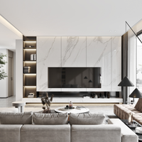 Meuble TV en marbre avec étagères ouvertes, style minimaliste blanc, pour salle de divertissement, en noyer nordique