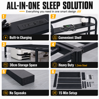 Lit plateforme en métal King Size avec station de charge USB, étagère de rangement robuste sous le lit, tête de lit, cadre de lit en métal