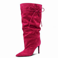 Bottes hautes plissées en daim à lacets pour femmes, talons fins, couleurs personnalisées, bout pointu, style papillon, chaussures longues et larges pour dames