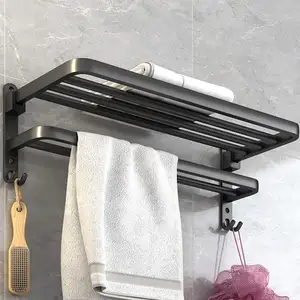 Toalheiro de banheiro em alumínio 24 polegadas, prateleira para banho com barra dupla para toalhas, suporte de parede (preto fosco)