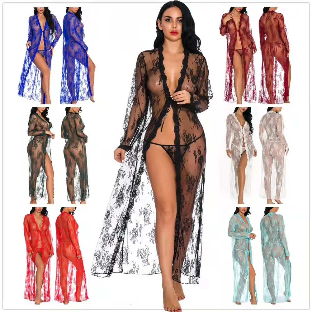 Women's Lace Kimono Robe Sexy Sheer Gown Long Nightgown Lingerie Mesh See Through Chemise Cover-Ups Beach Dress