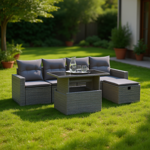 6 Piece Grey Pe <b>Rattan</b> Garden <b>Sofa</b> Set Adjustable Armrest Outdoor Furniture Contemporary Design - Product Image 2