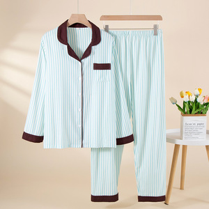 Pyjama en molleton pur coton rayé à manches longues pour femme SUHE PJ-1471 avec logo frontal – Collection Printemps pour la maison - Product Image 2