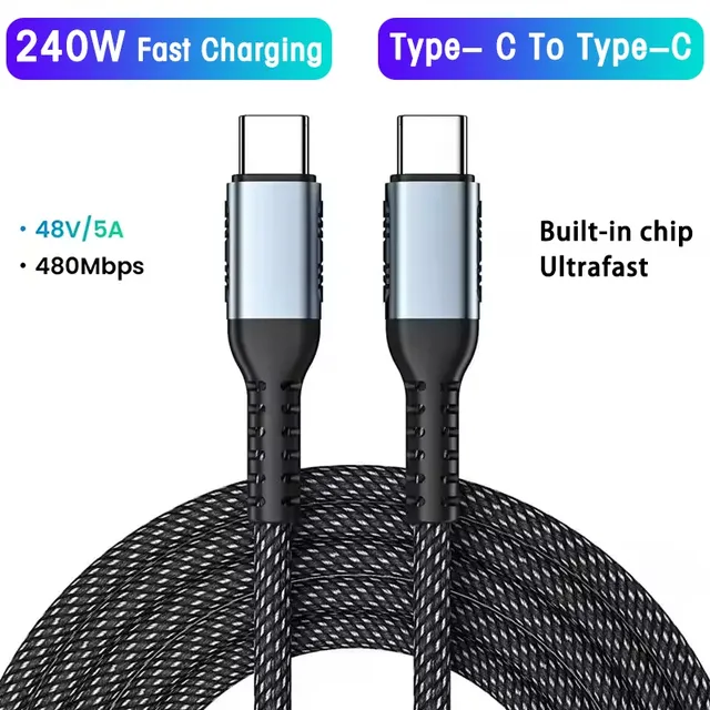 PD 240W USB-C USB-C Braided Ultra Fast Charging Cable E-Marker Chip Charge Type C Cord iPhone 15 16 17 Pro Max for MacBook