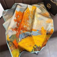 Syal Persegi Besar 90cm Bandana Satin Poliester Mewah Motif Geometris Bernapas untuk Musim Semi dan Musim Panas, Hijab Wanita