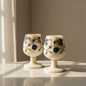 Verres à pied en pierre à motif floral artisanal, base blanche, peints, élégants, décoratifs, gobelets artistiques faits à la main en pierre - Product Image 2