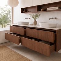 Meuble-lavabo mural moderne en noyer sur mesure avec double vasque et rangement intégré