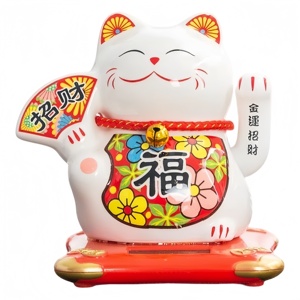 Gato de la Suerte con Energía Solar, Maneki Neko de Cerámica, Gato de la Fortuna con Mano que Se Agita Automáticamente, Estilo Japonés, para el Tablero del Automóvil, el Hogar u Oficina - Product Image 1