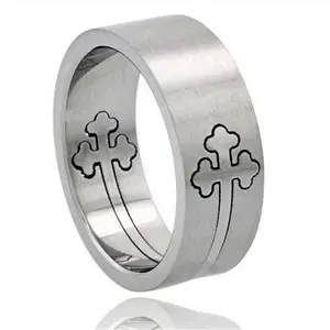 Yiwu Aceon Stainless Steel Men's Wide Band 8mm Satin Finish Symbol Cut Out Orthodox Cross Ring