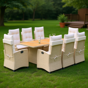 Ensemble de salle à manger de jardin en rotin beige 8 places, mobilier d'extérieur résistant aux intempéries, style contemporain, table en teck - Product Image 2
