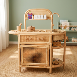 Cuisine miniature en rotin et ensemble de jeu de cuisine pour enfants de 2 à 4 ans, jouet unisexe, mobilier de chambre d'enfant - Product Image 4