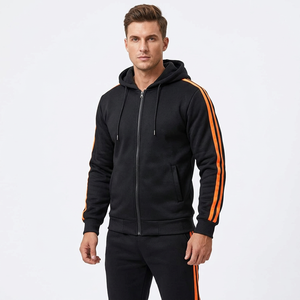 Chándal con Capucha Negro para Hombre con Rayas Naranjas, Diseño Deportivo con Cierre Completo, Corte Regular, Bolsillos Laterales, Ropa de Otoño - Product Image 1