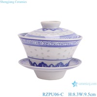 RZPU06-B-C Jingdezhen 블루와 화이트 레드 하나님 쌀 패턴 크레인 Gaiwan 차 컵 유약