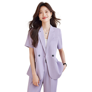 Women's Purple Summer Suit Set Short Sleeve Lightweight Breathable Satin Casual Suit For Office And Daily Wear - Product Image 5