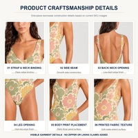 Traje de Baño de Una Pieza Floral Rosa y Verde Personalizado, Sin Aros, con Relleno Extraíble, Espalda Descubierta, Corte Alto, Venta al por Mayor, MOQ Bajo, Directo de Fábrica