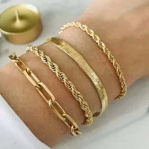 Pulseira feminina de aço inoxidável, bracelete de corrente com 5mm de tom dourado e grosso, joia de pulseira de corda robusta para mulheres, 2022