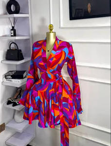 Women's Wrap V-Neck Ruffled <b>Mini</b> Dress - Bold Geometric <b>Print</b> Long Sleeve Party Womens Dresses Fashion - Product Image 5