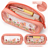 Étui à crayons en PVC transparent rose avec décorations florales et fermeture éclair supérieure pour l'école