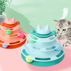 ลูกบอลหมุนได้4ระดับสำหรับแมวลูกแมวของเล่นแบบอินเทอร์แอคทีฟพร้อมขนนกสำหรับแมวแมวลูกแมว
