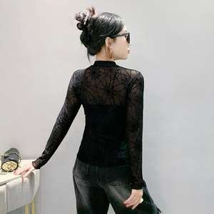 Autunno nuova t-Shirt a collo alto aderente a forma di <span class=keywords><strong>ragno</strong></span> floccante a fiore a manica lunga da <span class=keywords><strong>donna</strong></span> Sexy alla moda camicia piccola - Product Image 4