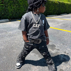 Traje de punto <span class=keywords><strong>personalizado</strong></span> lavado con ácido Vintage 100% algodón Niño Bebé Pantalones de chándal camiseta peso pesado chándal conjuntos de ropa - Product Image 3