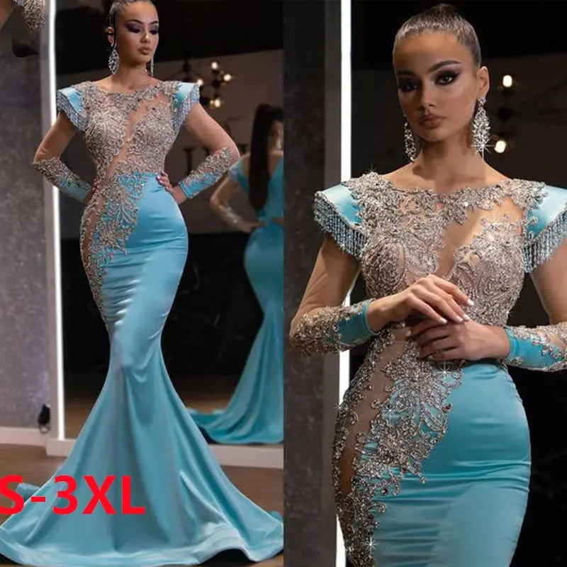 Ladies Long Sleeve Sequins Party Dress For Women Sexy Sweep Blue 3XL Trailing Fishtail Evening Dresses