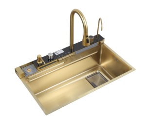 Robinet réglable, ensemble complet, vasque simple 750x450mm AW-7545LY |   Cuisine design haut de gamme 201 SS, encastrable, noir nano, fabrication artisanale - Product Image 4