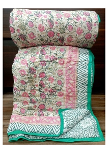 Edredón de Algodón Estampado a Mano, Diseño Floral Tradicional, Hecho a Mano, para Cama Doble, Uso Doméstico, Origen India, para Todas las Estaciones - Product Image 1