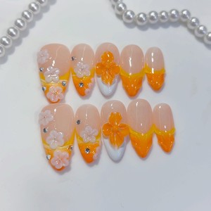 10 faux ongles press-on faits main, motif fleur 3D, nude, forme amande, avec pointes françaises <span class=keywords><strong>orange</strong></span> et strass, réutilisables, pour l'été, pour femmes - Product Image 4