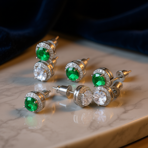 Orecchini a lobo in oro bianco con diamanti verdi, taglio brillante rotondo, montatura a griffe, gioielli classici da donna, idea regalo - Product Image 2