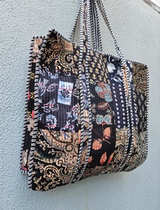 Bolsa de Tela 100% Hecha a Mano, con Estampado Floral Azul, Estilo Vintage Boho, Ecológica, para Compras, Precio al por Mayor - Product Image 5