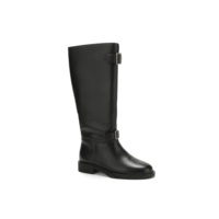 Bottes noires mi-hautes pour femmes en gros, bottes d'équitation en cuir à double boucle et talon bas pour achat en gros