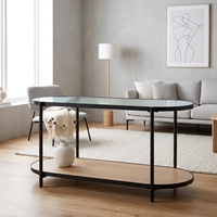 Table basse ovale moderne avec plateau en métal, pieds en métal noir, étagère de rangement à 2 niveaux, meubles durables pour le salon