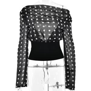 <b>One</b> Shoulder Polka Dot Chiffon Crop <b>Top</b> Sheer Long Sleeve Asymmetric Women's Blouse Party Wear - Product Image 5