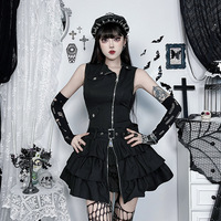 Schwarzes Gothic-Kleid mit Reißverschluss 2026 Mehrlagiger Rock Ärmelloses Punk-Streetwear-Minikleid