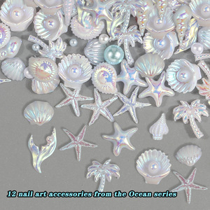 Boîte de 12 compartiments de breloques 3D en résine pour nail art, motifs coquillages marins d'été assortis, miniatures, pour décoration de vacances, vente en gros en vrac pour ongles - Product Image 4