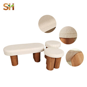 Juego <span class=keywords><strong>de</strong></span> <span class=keywords><strong>3</strong></span> taburetes modernos <span class=keywords><strong>de</strong></span> acento, Banco ovalado, taburetes redondos, tapicería <span class=keywords><strong>de</strong></span> tela Boucle crema, pata cilíndrica <span class=keywords><strong>de</strong></span> madera Natural para sala <span class=keywords><strong>de</strong></span> estar - Product Image 1
