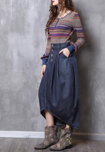 Style Vintage Bouton Up Ballon Falfalda Asymétrique Ourlet Puffy Midi Jupes Femmes Denim Bleu Jupe - Product Image 2