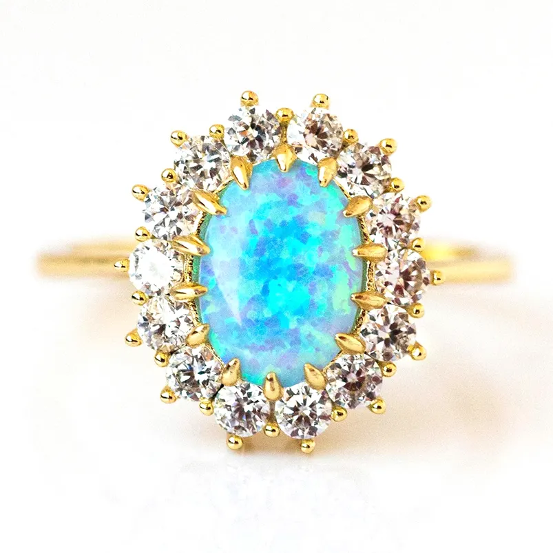 Gemnel sterling silver jewelry gold vermeil 0.1 microns large opal diamond band rings women