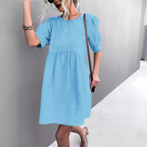 Nuevo vestido de manga abullonada con botones y cuello redondo, color liso, en oferta para primavera y otoño. - Product Image 2
