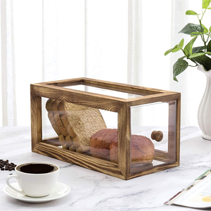 Modern style transparent acrylic bread box kitchen table storage box carbonized wood frame kitchen organizer