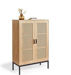 Tall Sideboard Cabinet Rattan - 2 Door, 3 Drawer with Black Metal Handles - Bookshelf, <strong>Shelving</strong> Vinyl <strong>Cupboard</strong> <strong>Unit</strong>, Drinks Cabi - Product Image 1