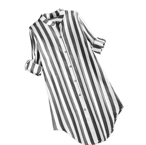 Camisa casual de mujer de punto lisa teñida estilo largo a rayas para primavera y otoño, blusa de manga suelta con solapa y botones - Product Image 1