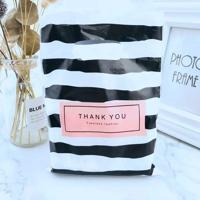 Black White Stripes Plastic Handles Thank You Bag For Boutique Jewelry Gift