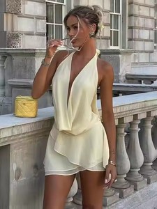 Abito Mini da Donna Elegante e Sexy con Scollo a V Profondo, Trasparente, in Pizzo, con Lacci, Drappeggiato, Senza Schienale, Halter, per Vacanze e Spiaggia - Product Image 4
