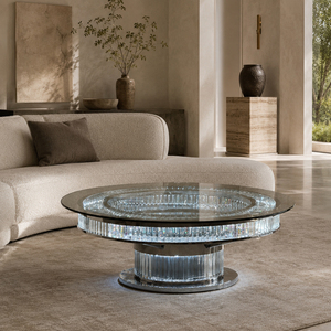 Mesa de Centro Redonda Decorativa con Cristales LED, Tapa de Vidrio Transparente y Base Iluminada para Muebles Modernos de Lujo para el Hogar - Product Image 1