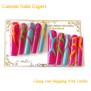 Nouvelle conception, <span class=keywords><strong>ongles</strong></span> press-on faits à la main en gros, ensemble de 10 <span class=keywords><strong>faux</strong></span> <span class=keywords><strong>ongles</strong></span> 3D en <span class=keywords><strong>gel</strong></span> dur pour femme, longs, carrés, de luxe - Product Image 1