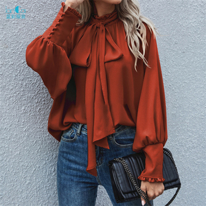 Blusa informal elegante con manga de burbuja y volantes para primavera y verano, camisa elegante con cuello redondo para mujer, <span class=keywords><strong>2022</strong></span> - Product Image 2