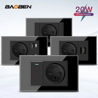 BAOBEN Prise murale de charge rapide USB Type C en verre trempé noir, norme israélienne, interrupteur d'éclairage, télévision par satellite, Tel CAT5 CAT6