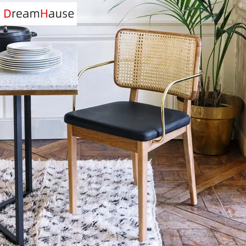 Dreamhause Simple Modern Korea American Solid Wood Dining Chairs Wood Rattan Chair Nordic Cafe Chair with PU Upholstered